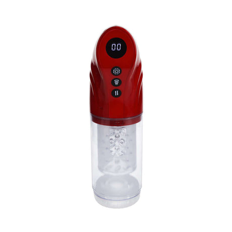 PUMPED StrokeMate Masturbator Metallic Red, automatic stroker with digital display and transparent sleeve.