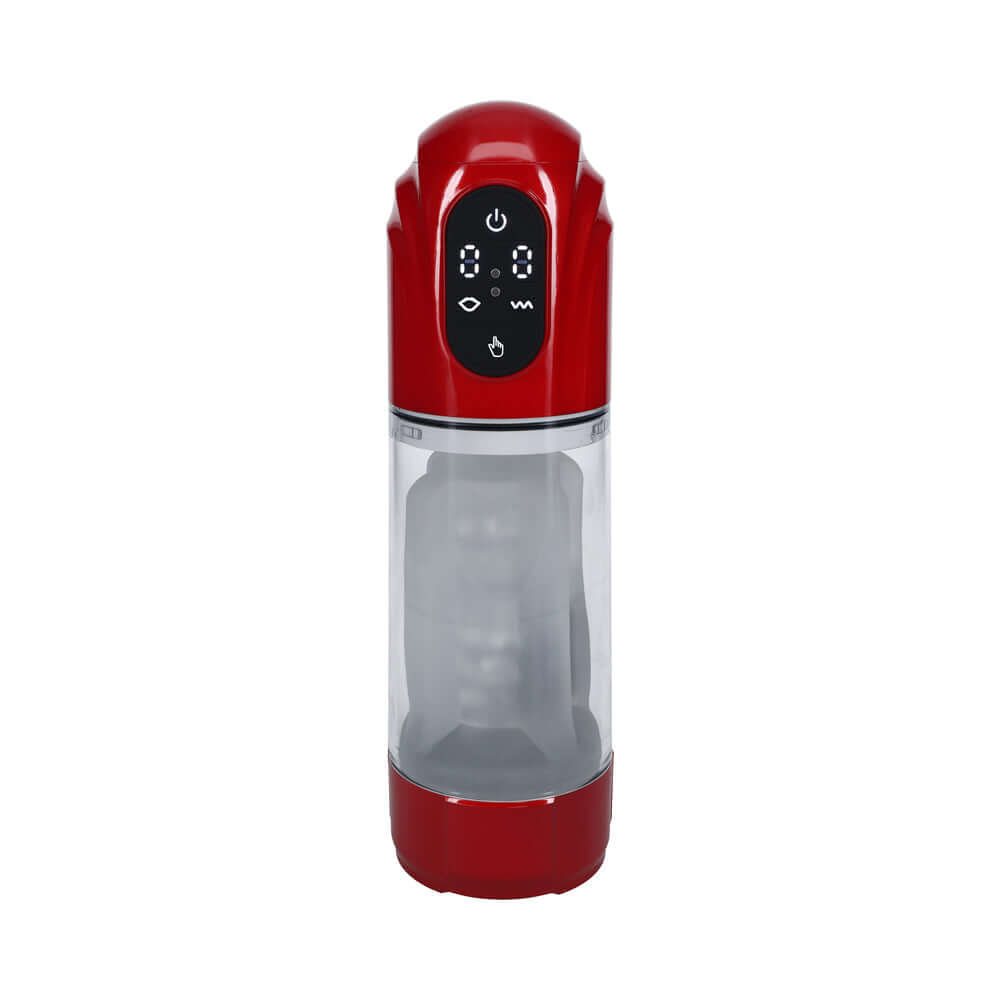 PUMPED TechnoThrust Automatic Masturbator Waterproof Red showcasing its sleek design and user interface.
