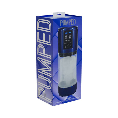 PUMPED UltraLift Automatic Masturbator Waterproof Blue in packaging, showcasing features and design.