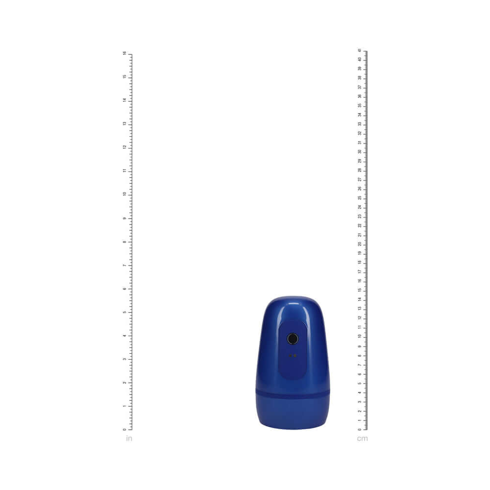 PUMPED Vibrobator Masturbator Negative Pressure Suction Blue shown with measurement scale for size reference.