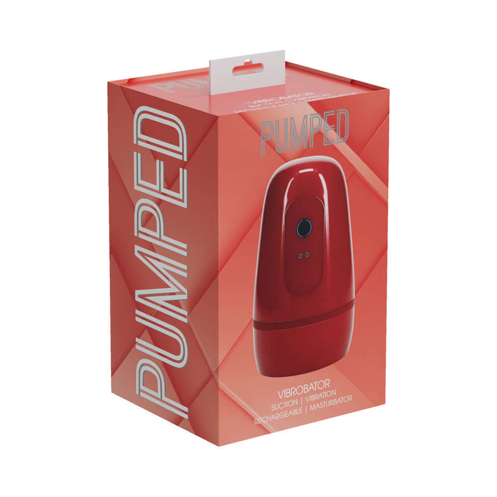 PUMPED Vibrobator Masturbator Negative Pressure Suction Vibration Red packaging showcasing its design and features.