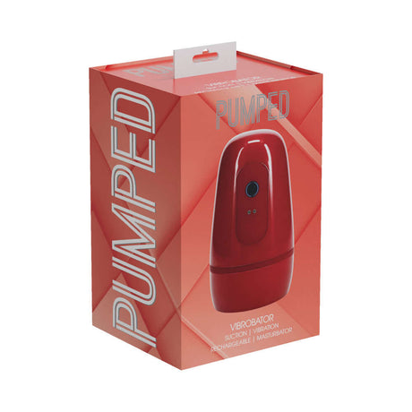 PUMPED Vibrobator Masturbator Negative Pressure Suction Vibration Red packaging showcasing its design and features.