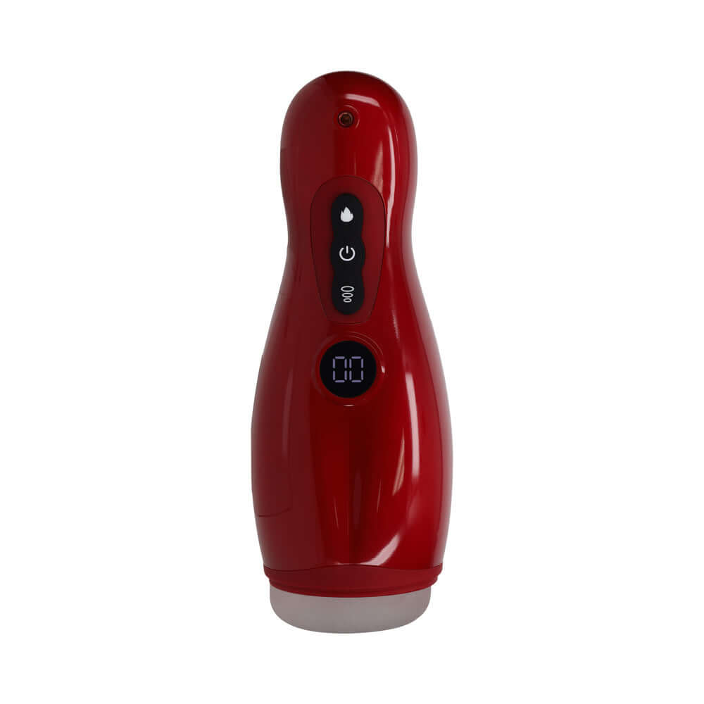 PUMPED Virtuo Masturbator Suction Vibration Phone Attachment in sleek red design with control buttons and display.