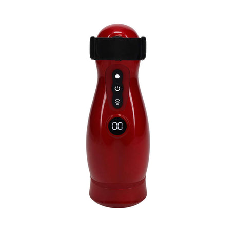 PUMPED Virtuo Masturbator Suction Vibration Phone Attachment in sleek red design with control buttons.