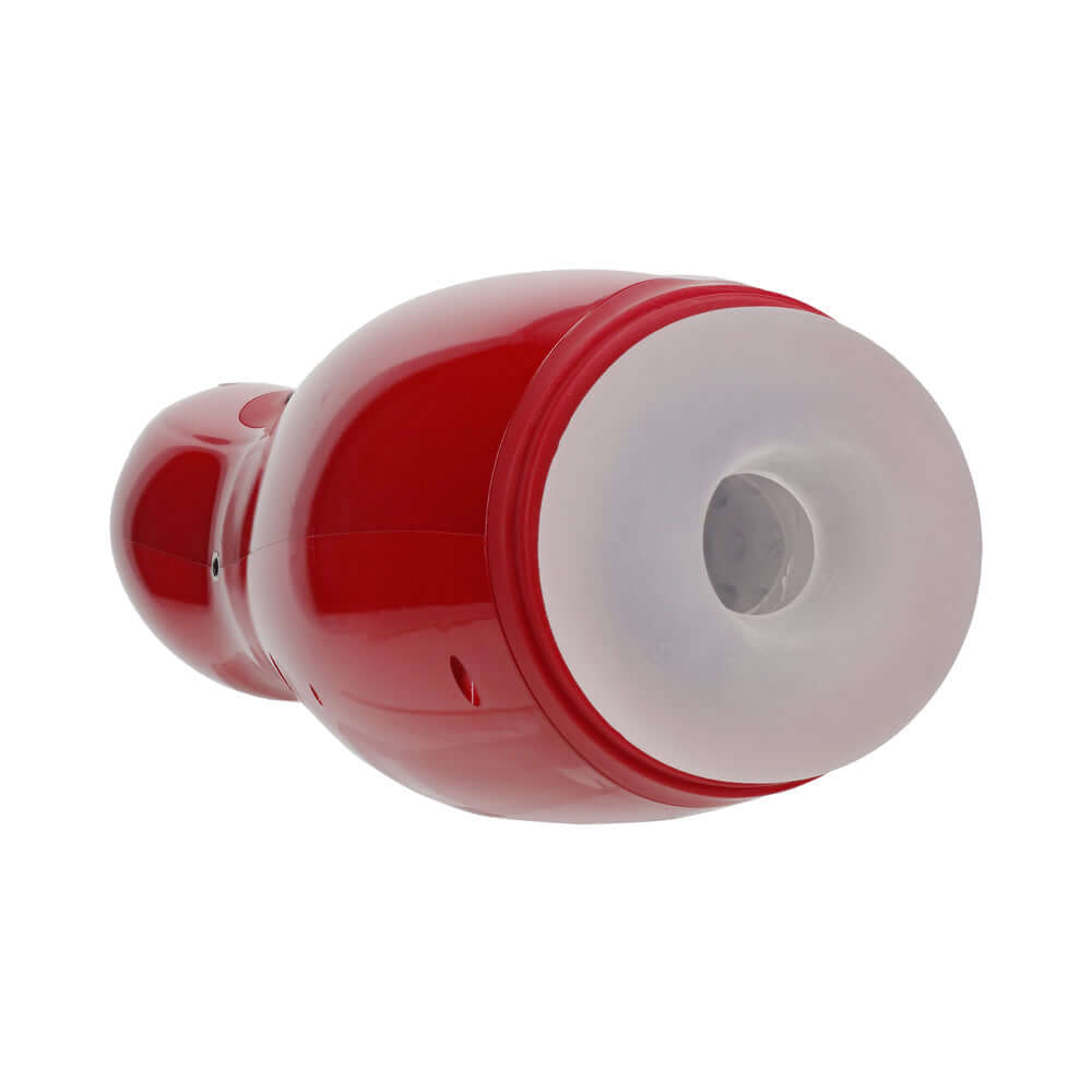 PUMPED Virtuo Masturbator Suction Vibration Phone Attachment showcasing sleek red design and suction opening.