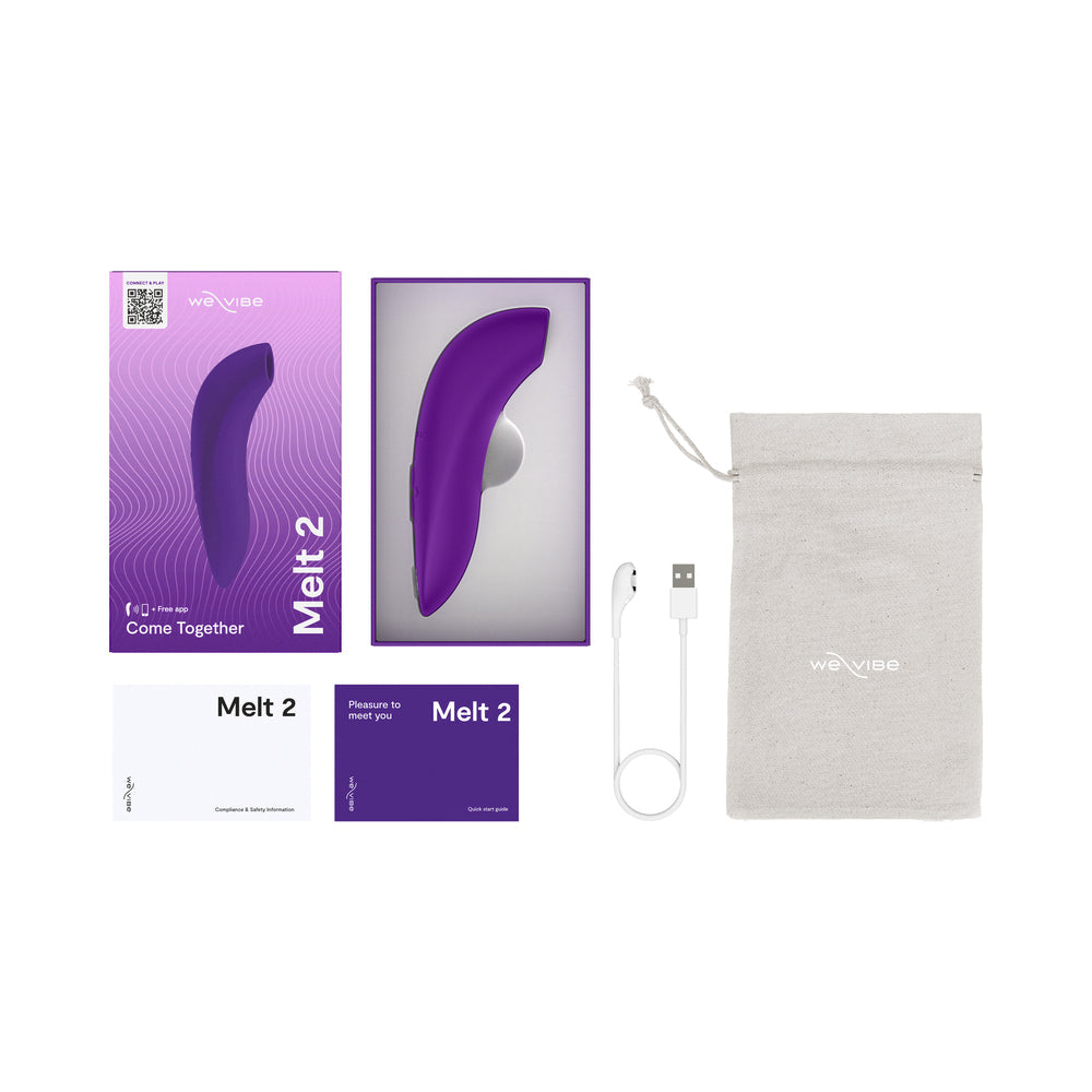 We-Vibe Melt 2 Pleasure Air Clitoral Stimulator Purple packaging and accessories including USB charger.