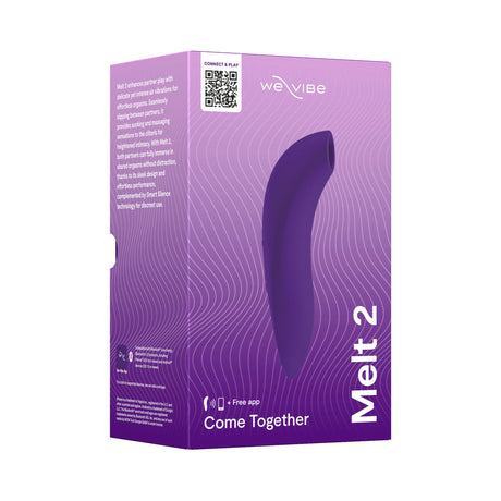 We-Vibe Melt 2 Pleasure Air Clitoral Stimulator Purple packaging showcasing sleek design and features.