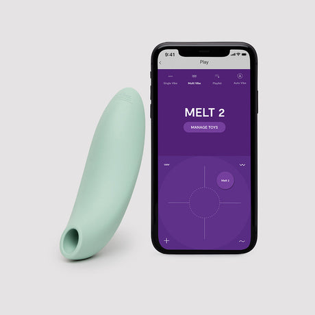 We-Vibe Melt 2 Pleasure Air Clitoral Stimulator Sage with accompanying app on smartphone