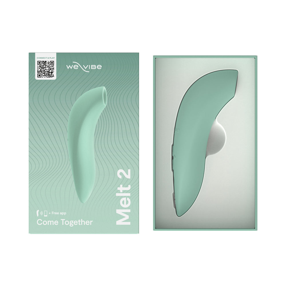 We-Vibe Melt 2 Pleasure Air Clitoral Stimulator Sage packaging in mint green, showcasing the sleek design and features.