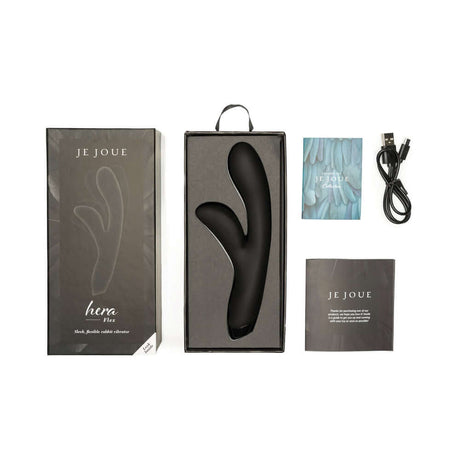Je Joue Hera Flex Dual Rabbit Vibrator in packaging with accessories, showcasing sleek design and flexible features.