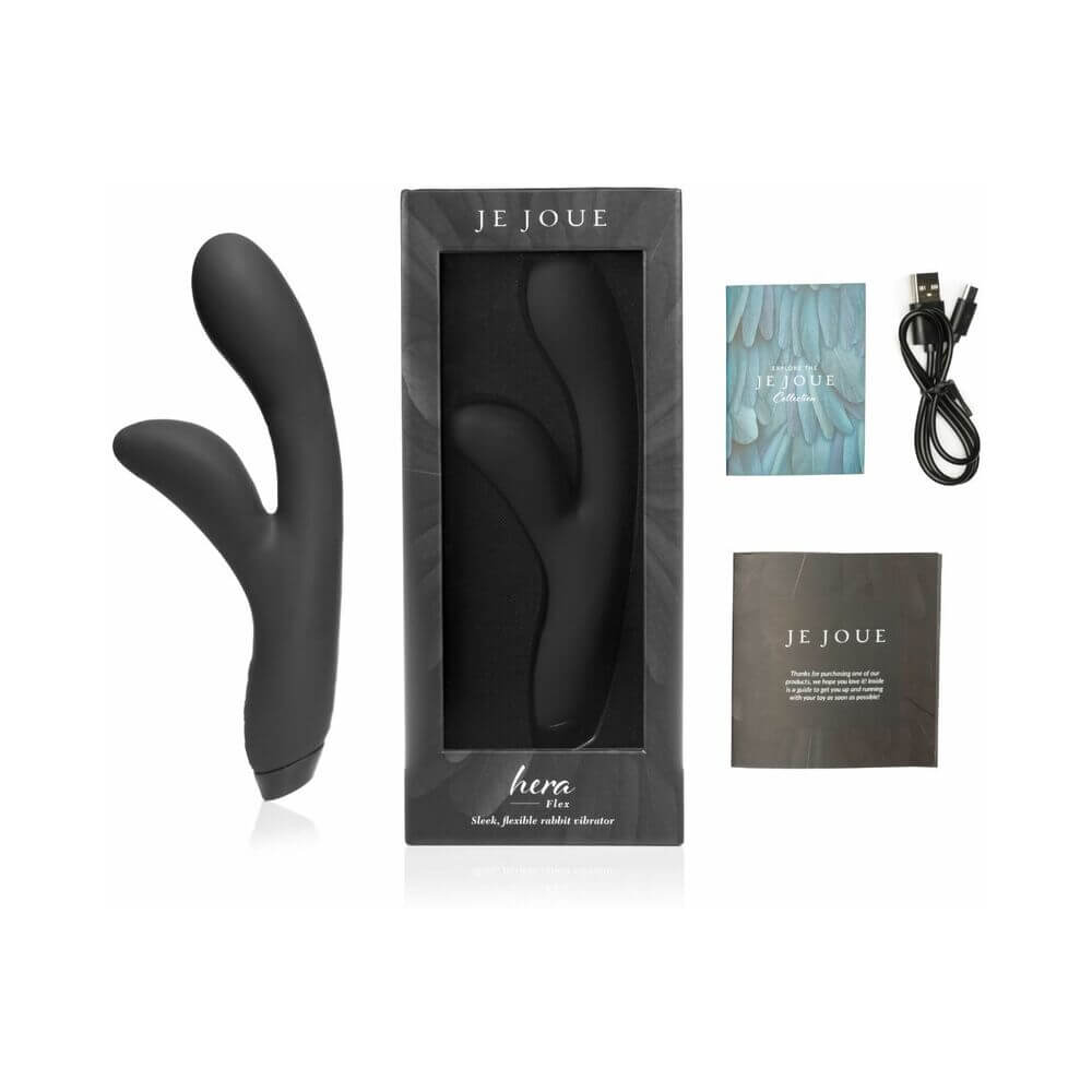 Je Joue Hera Flex Dual Rabbit Vibrator with packaging and accessories on display.