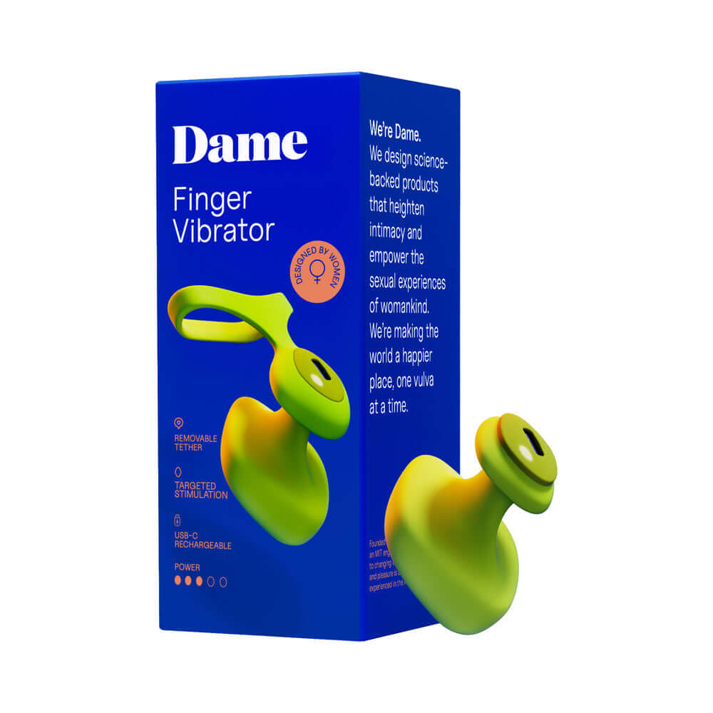 Dame Fin 2.0 Finger Vibrator Citrus packaging showing the innovative design and features of the product