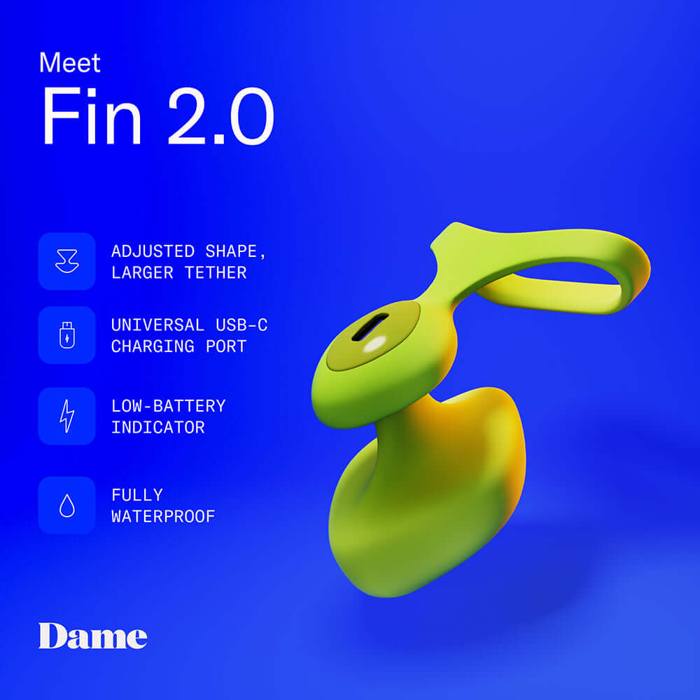 Dame Fin 2.0 Finger Vibrator Citrus on a blue background showcasing its ergonomic design and features.