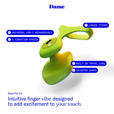 Dame Fin 2.0 Finger Vibrator Citrus featuring ergonomic design and 5 vibration speeds for enhanced pleasure.
