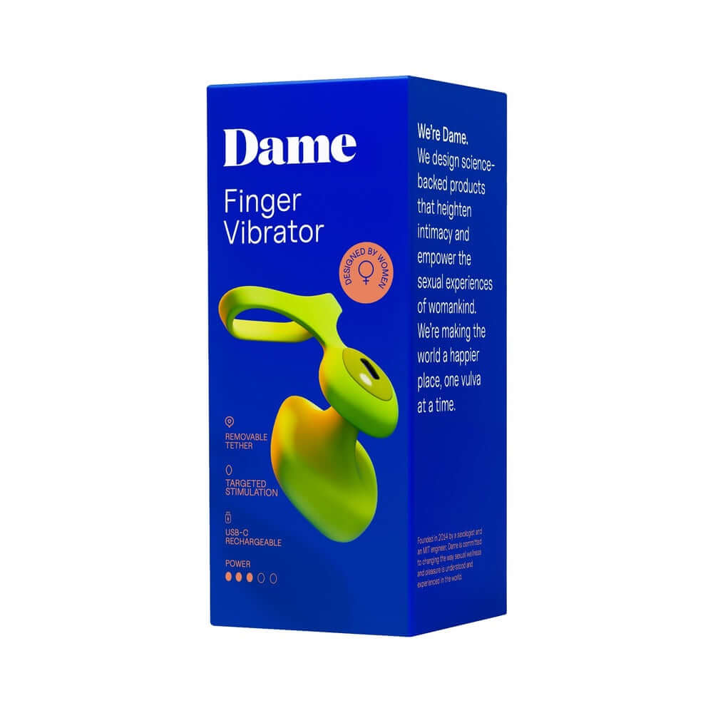 Dame Fin 2.0 Finger Vibrator Citrus packaging showing ergonomic design for targeted stimulation.