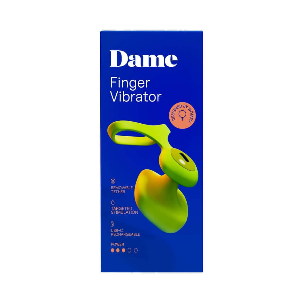 Dame Fin 2.0 Finger Vibrator Citrus packaging featuring bright colors and ergonomic design for targeted stimulation.