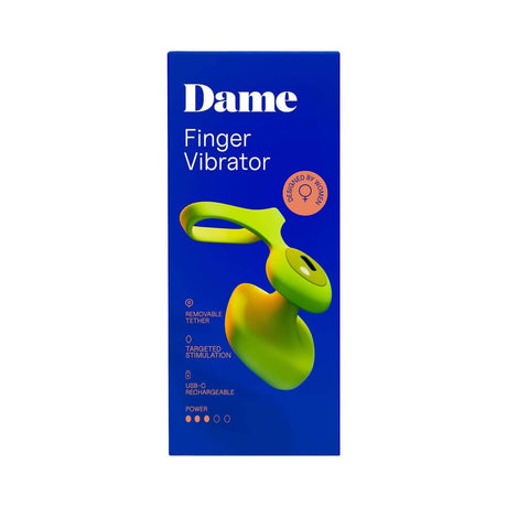 Dame Fin 2.0 Finger Vibrator Citrus packaging featuring bright colors and ergonomic design for targeted stimulation.