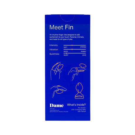 Dame Fin 2.0 Finger Vibrator Citrus packaging showcasing features and vibration options for enhanced pleasure.