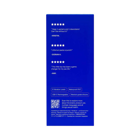 Dame Fin 2.0 Finger Vibrator Citrus product box showcasing user reviews and features like 5 vibration levels and waterproof design.