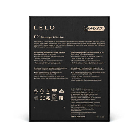 LELO F2S Massager and Stroker Teal packaging back view with product details and features.