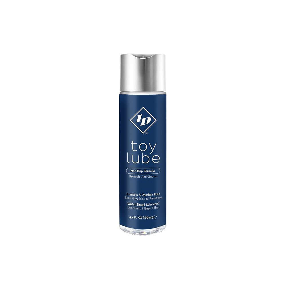 ID Toy Lube 4.4 Oz bottle with no-drip formula for pleasure toys, ensuring no mess during use.