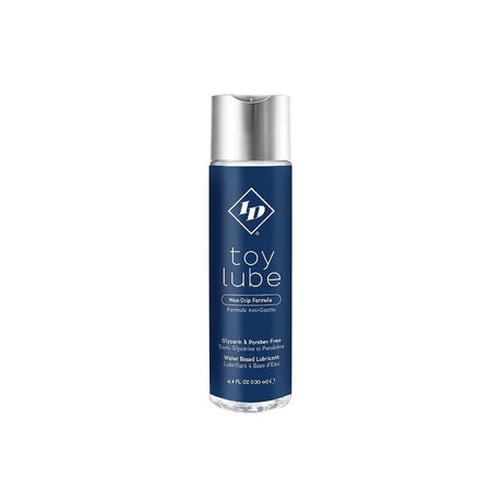 ID Toy Lube 4.4 Oz bottle with no-drip formula for pleasure toys, ensuring no mess during use.