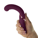 Rocks-Off Gemini Dual Stimulator Burgundy held in hand, showcasing its ergonomic design and velvet-touch silicone.