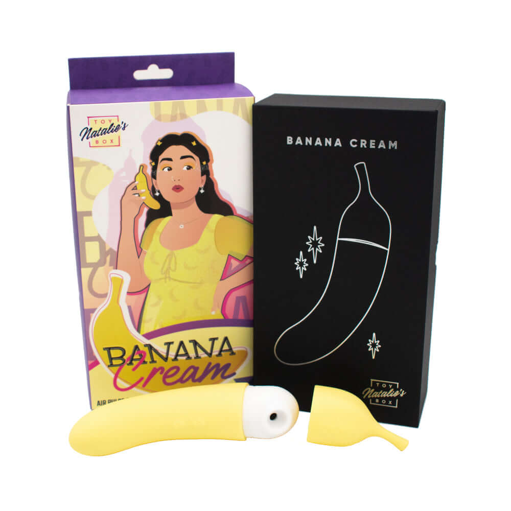 Banana Cream Air Pulse and G-Spot Vibrator packaging with toy, featuring a playful banana design.