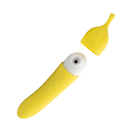 Banana Cream Air Pulse and G-Spot Vibrator in vibrant yellow color with removable cap for discreet storage.