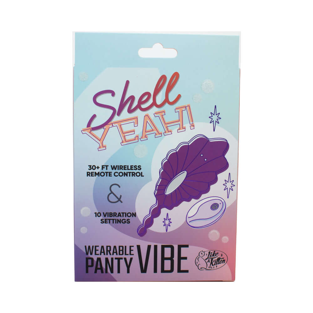 Shell Yeah Remote Controlled Wearable Panty Vibrator packaging featuring remote control and 10 vibration settings.