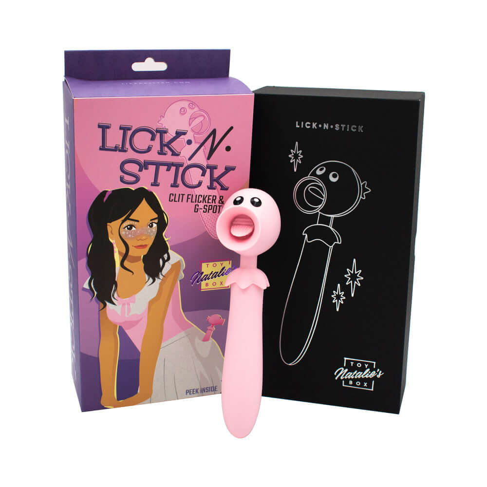 Lick n Stick Clit Flicker & G-Spot Vibrator in packaging showing product design and features.