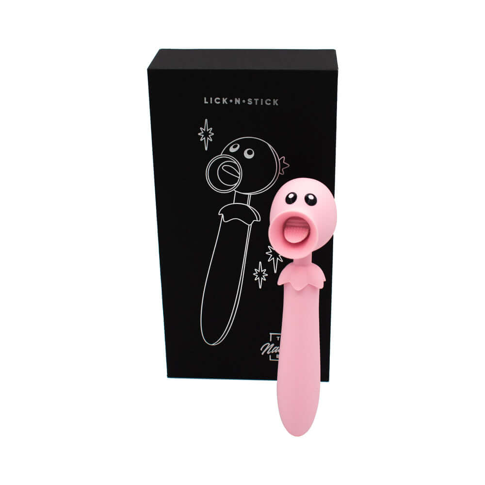 Lick n Stick Clit Flicker & G-Spot Vibrator in pink with box, designed for dual-stimulation pleasure.
