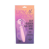 Lick n Stick Clit Flicker & G-Spot Vibrator packaging showcasing flexible design and dual motors for pleasure.