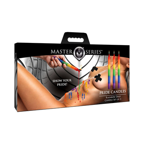 Master Series Pride Candles Rainbow Drip Candle Set of 3 packaging featuring vibrant colors and sensual play.