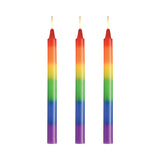 Master Series Pride Candles Rainbow Drip Candle Set of 3 featuring vibrant rainbow colors and lit wicks.