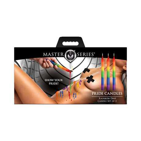 Master Series Pride Candles Rainbow Drip Candle Set of 3 showcasing colorful drip candles and body art theme.