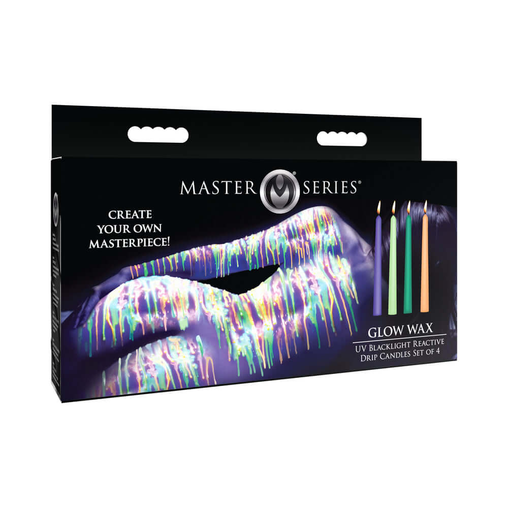 Master Series Glow Wax UV Blacklight Reactive Drip Candles Set of 4 packaging with colorful drip candles.