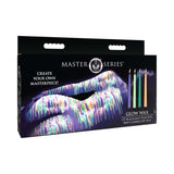 Master Series Glow Wax UV Blacklight Reactive Drip Candles Set of 4 packaging with colorful drip candles.