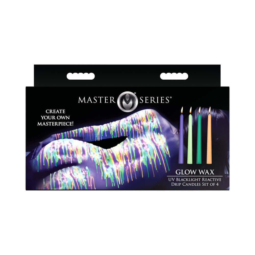 Master Series Glow Wax UV Blacklight Reactive Drip Candles Set of 4 packaging featuring colorful wax designs