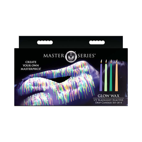 Master Series Glow Wax UV Blacklight Reactive Drip Candles Set of 4 packaging featuring colorful wax designs