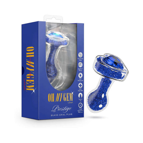 Oh My Gem Prestige Glass Anal Plug Blue in packaging, featuring a sparkling blue design and gemstone details.
