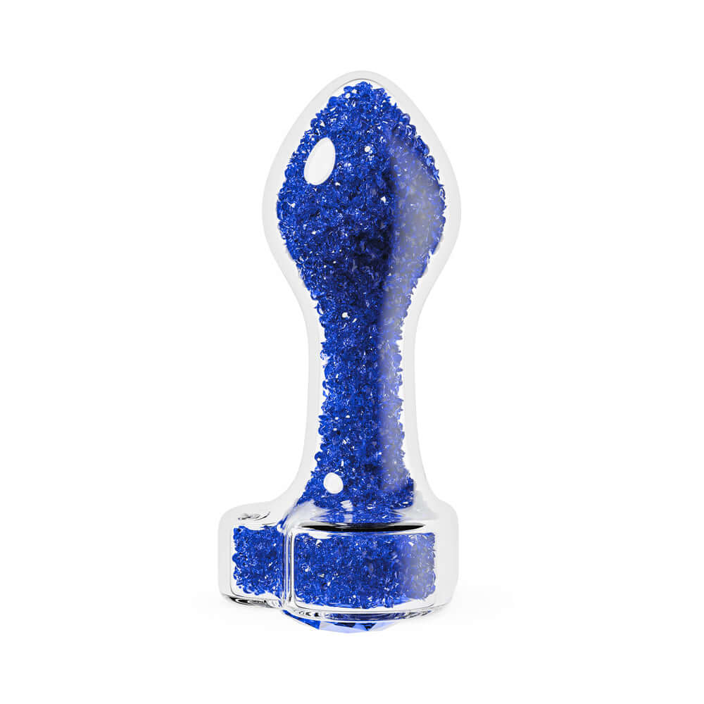 Oh My Gem Prestige Glass Anal Plug Blue in elegant blue glass design with sparkling detail.