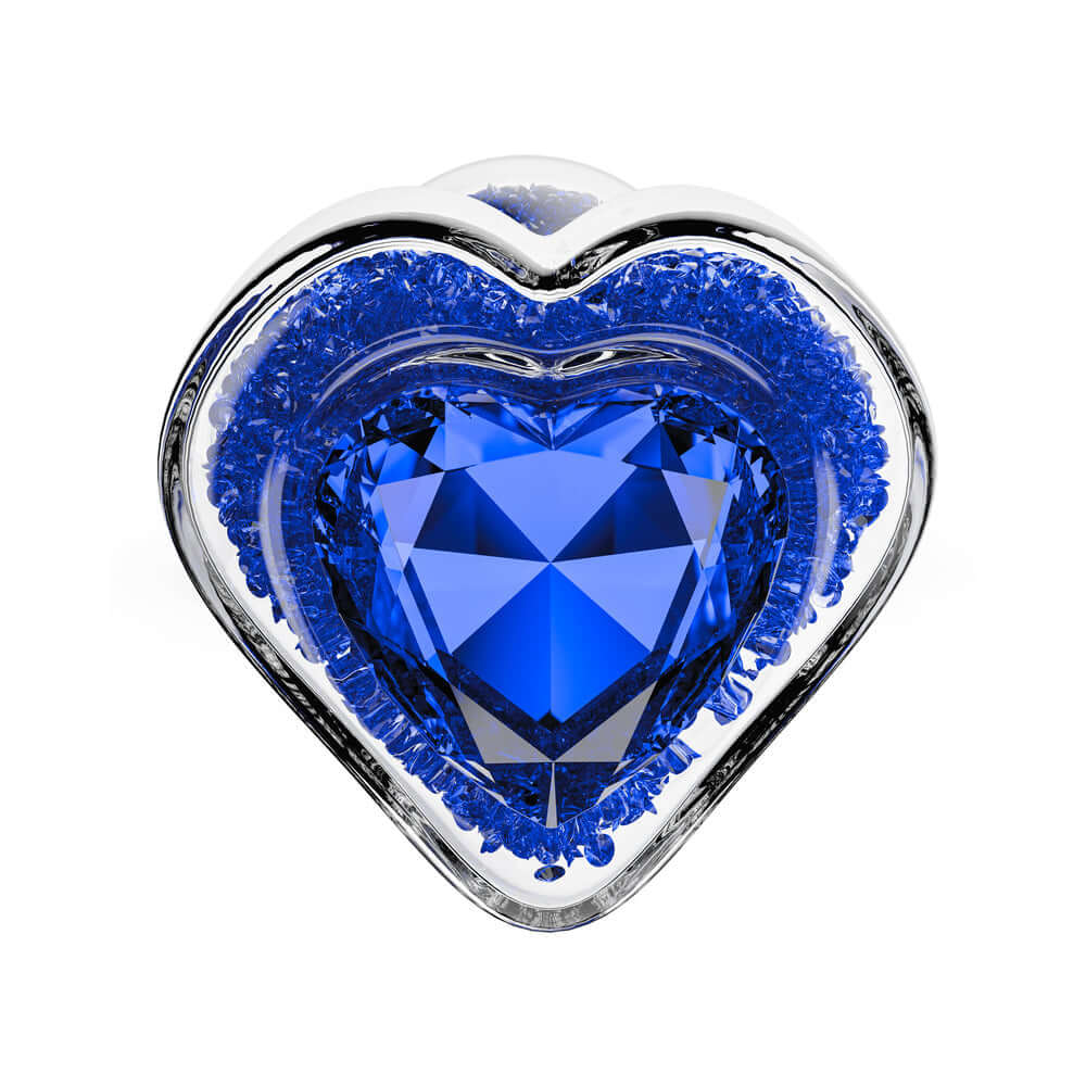 Oh My Gem Prestige Glass Anal Plug Blue heart-shaped design with sapphire-like gemstone and blue accents.