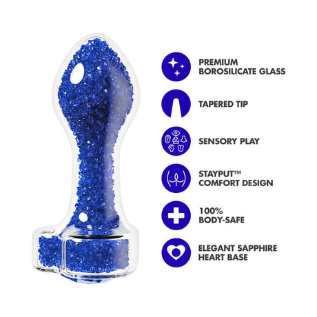 Oh My Gem Prestige Glass Anal Plug Blue features elegant sapphire heart base and premium borosilicate glass for safe pleasure.