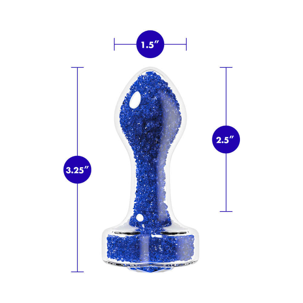 Oh My Gem Prestige Glass Anal Plug Blue showing dimensions and luxurious design in blue glass.