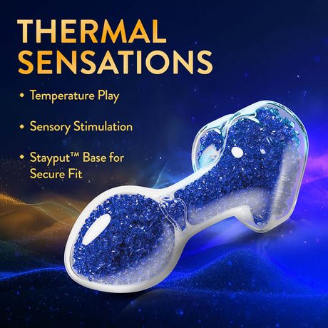 Oh My Gem Prestige Glass Anal Plug Blue showcasing thermal sensations and stayput base for secure fit.