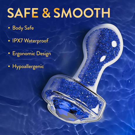 Oh My Gem Prestige Glass Anal Plug Blue showcases body-safe and smooth design with IPX7 waterproof features.