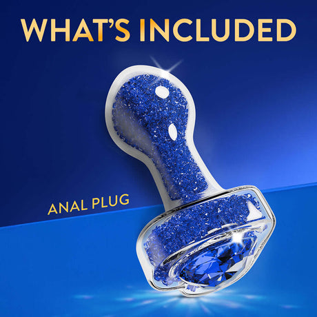 Oh My Gem Prestige Glass Anal Plug Blue displayed with included features on a stunning blue background.