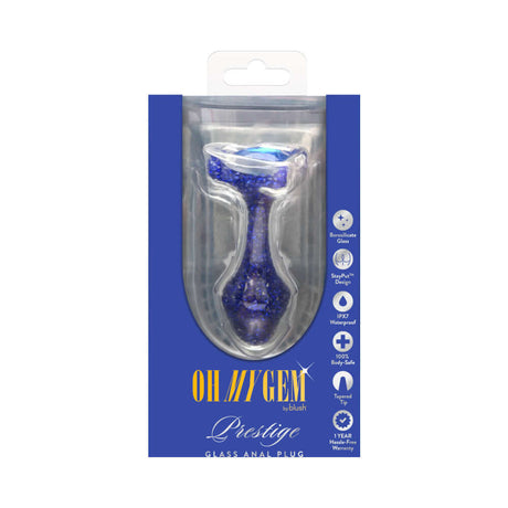 Oh My Gem Prestige Glass Anal Plug Blue elegantly packaged for luxurious pleasure and safety.