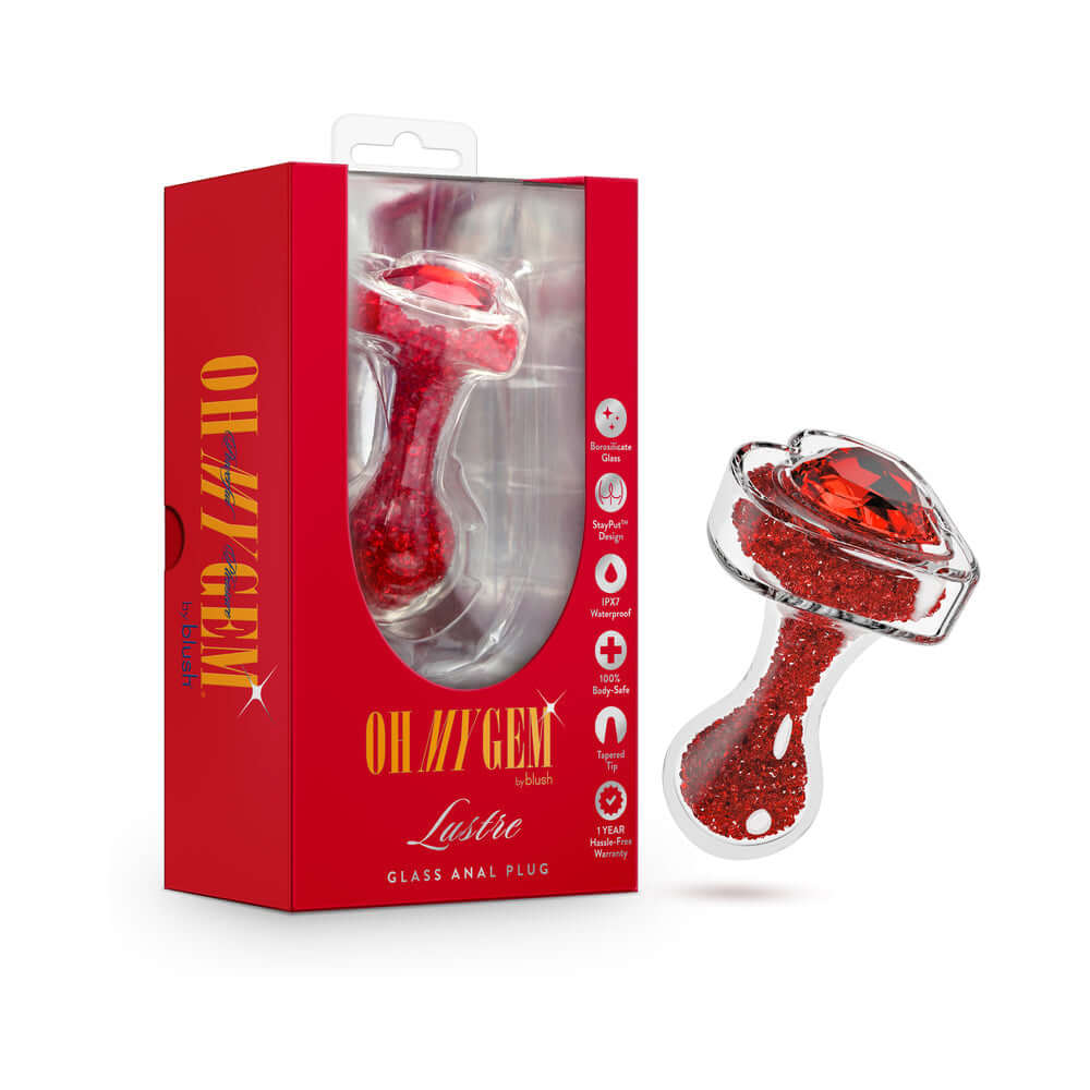 Oh My Gem Lustre Glass Anal Plug Red in packaging showcasing its luxurious design and vibrant red color.
